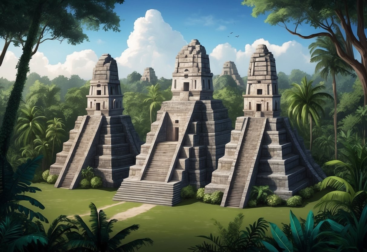 Ancient ruins of Tikal surrounded by dense jungle, with towering stone pyramids and temples rising above the treetops