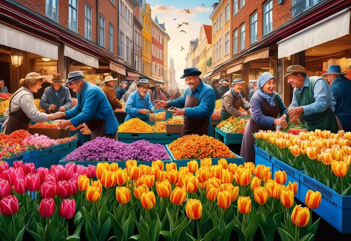 A bustling marketplace with colorful tulips, buyers and sellers haggling, and a sense of excitement and frenzy in the air