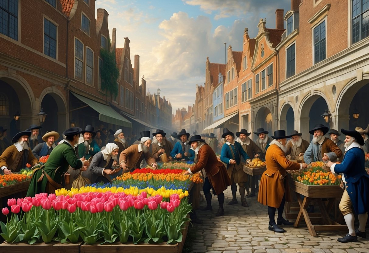 A bustling 17th-century market filled with colorful tulips, traders in animated discussions, and a sense of irrational exuberance