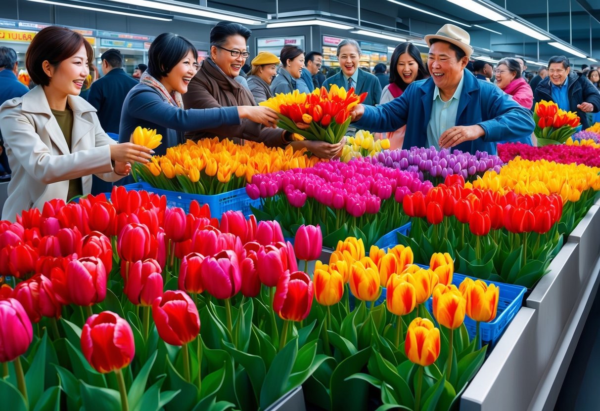 Vibrant tulips being frantically traded in a bustling modern market, with people eagerly exchanging colorful blooms