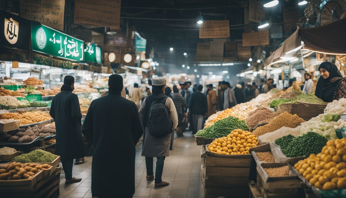 Um mercado movimentado com vendedores vendendo produtos halal para clientes de v&aacute;rios pa&iacute;ses mu&ccedil;ulmanos.