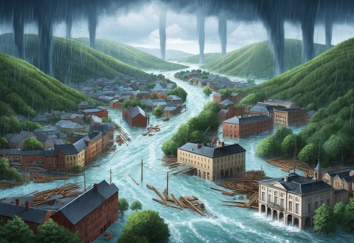 A town surrounded by hills with overflowing rivers and heavy rain causing flooding and destruction of buildings and roads