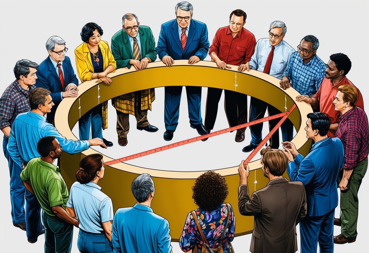 A group of people of various ages and backgrounds gathered around a large circular object, discussing and measuring its dimensions