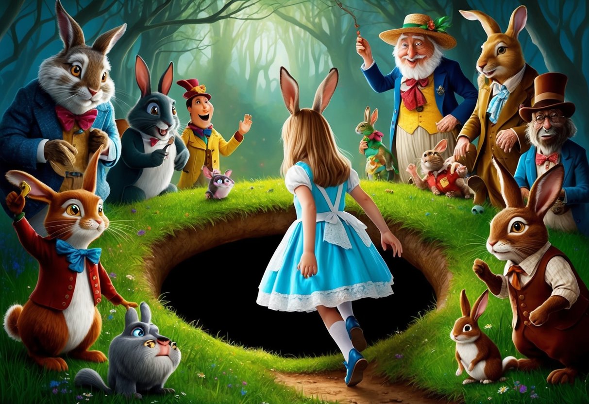 A young girl falls down a rabbit hole into a whimsical world filled with talking animals and peculiar characters