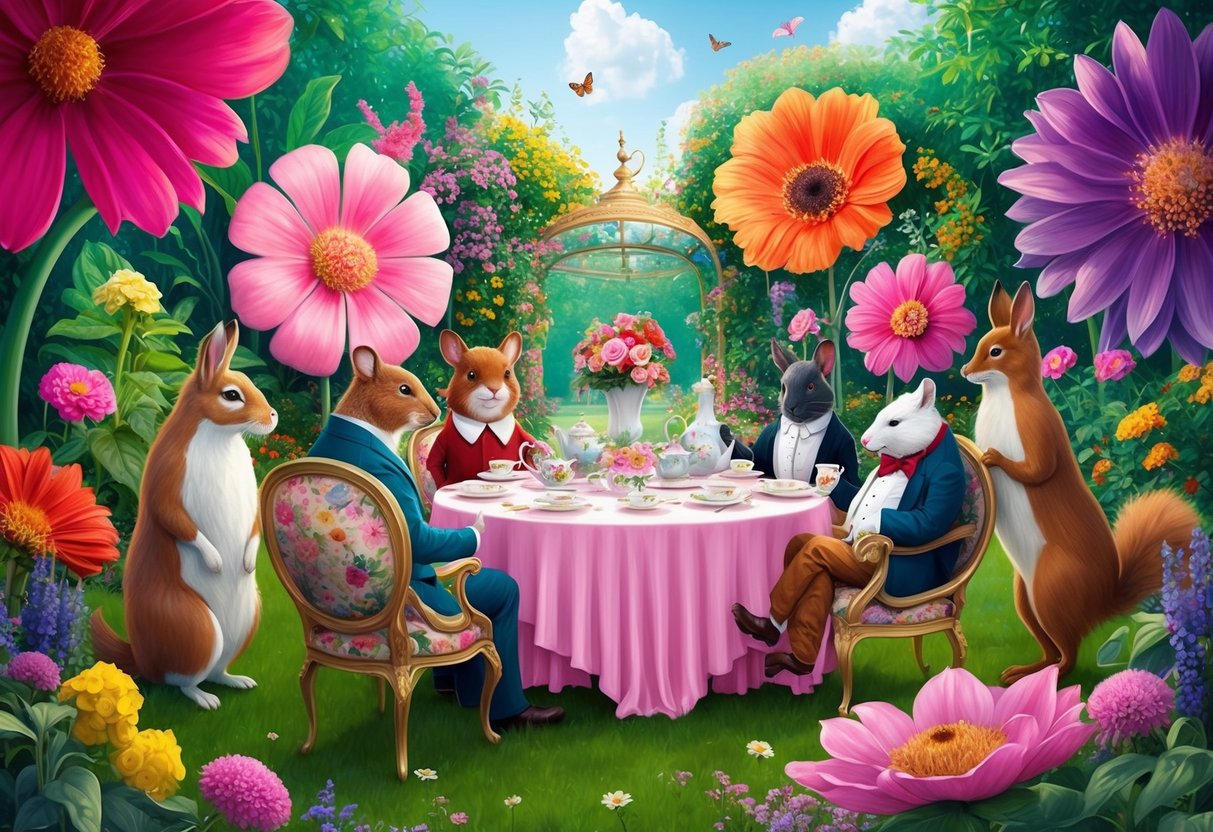 A whimsical tea party set in a colorful, fantastical garden with oversized flowers and talking animals