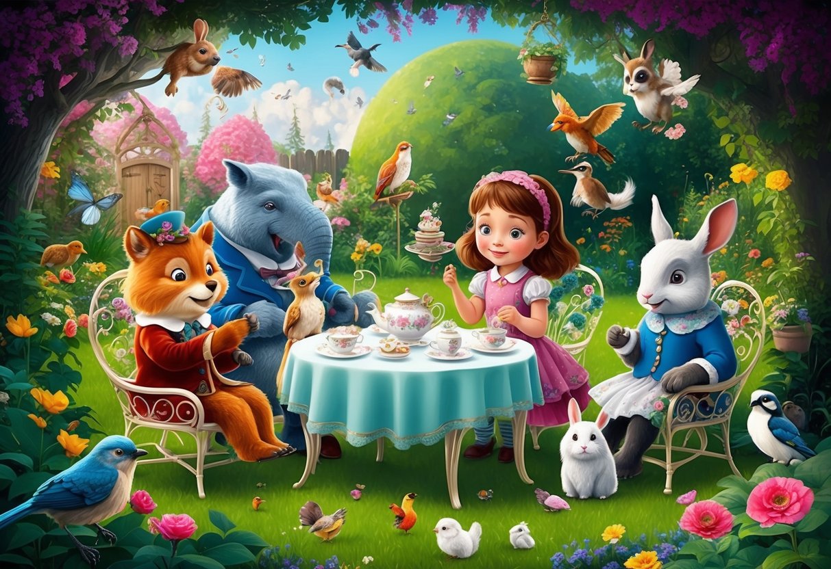 A whimsical tea party with talking animals and a curious girl in a fantasy garden