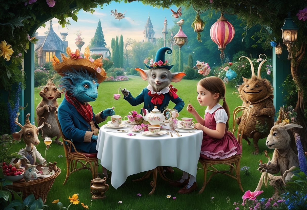 A whimsical tea party with peculiar creatures and a curious girl in a fantastical garden setting