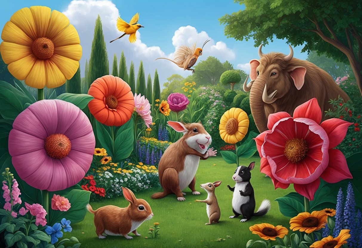 A whimsical garden with oversized flowers and talking animals