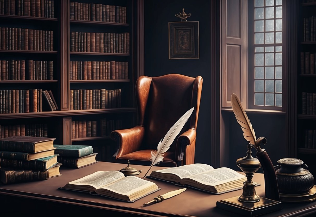 A dimly lit room filled with antique books and artifacts, including a worn leather chair and a quill pen on a desk