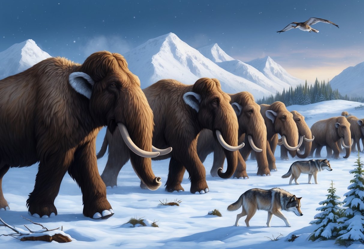 A herd of woolly mammoths grazing in a snowy landscape, while a pack of wolves lurks nearby, and a few individuals show signs of illness