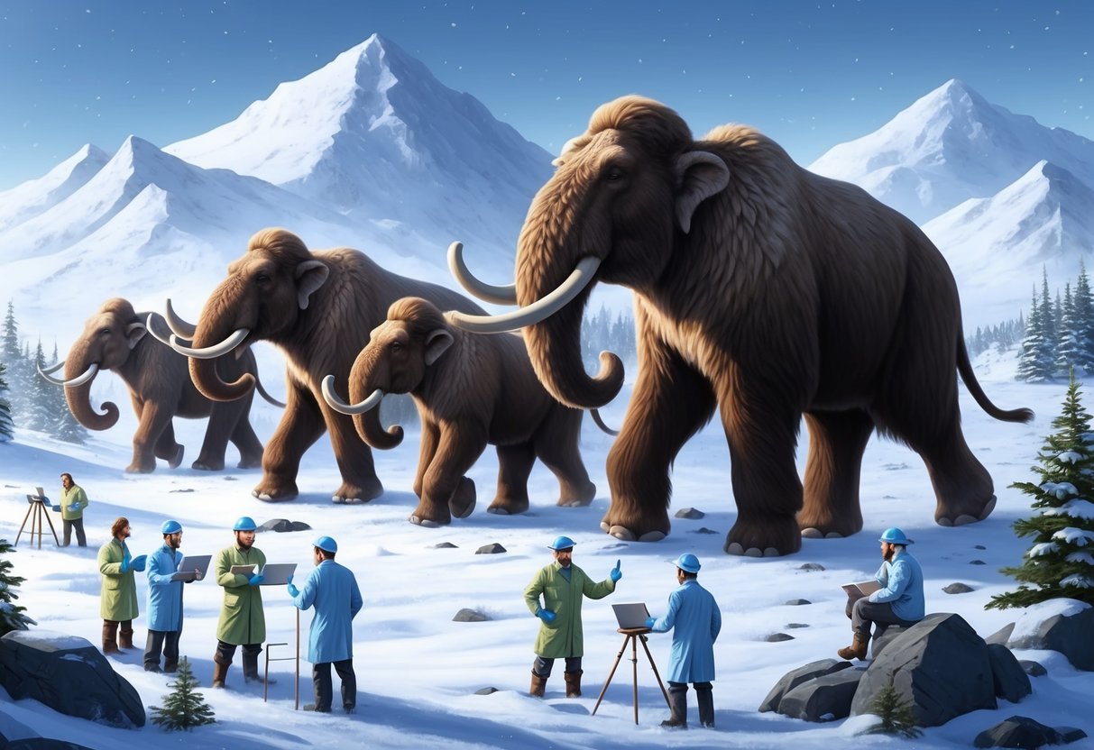 A group of woolly mammoths roam through a snowy landscape, surrounded by scientists and researchers studying them for de-extinction efforts