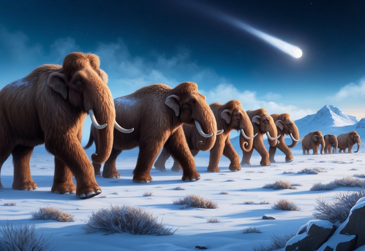 A herd of woolly mammoths grazing on a snowy tundra, with a looming comet in the sky