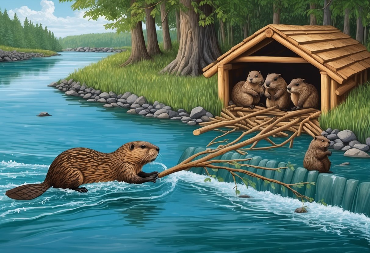 A beaver swims in a river, dragging branches to build a dam.</p><p>Nearby, a family of beavers huddle in their lodge for protection