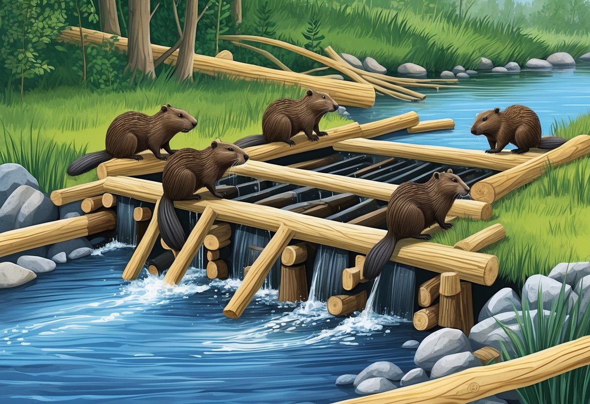 Beavers busily construct a dam in a flowing stream, using logs and branches to create a barrier and a calm pool behind it