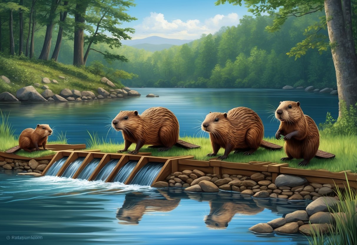 A family of beavers constructing a dam in a tranquil river setting