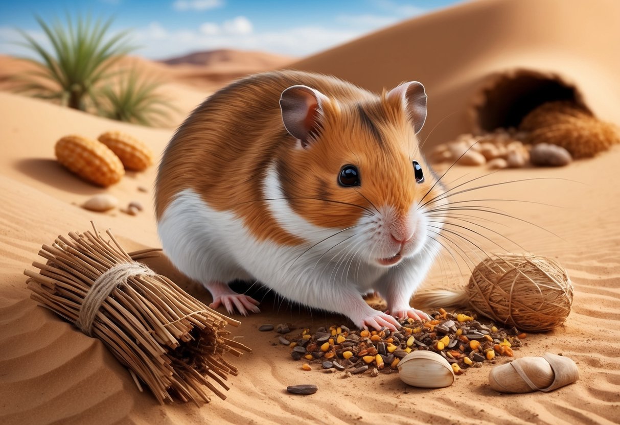 A wild hamster burrows in a sandy desert habitat, gathering food and nesting materials