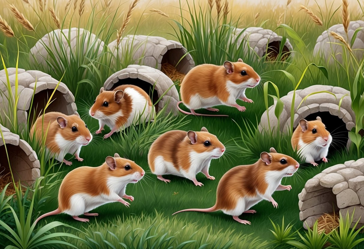 A group of wild hamsters scurrying among tall grass and burrows in a meadow