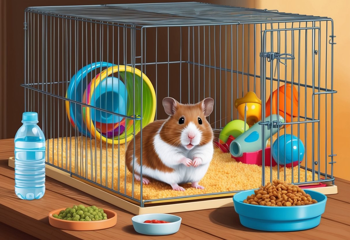 A hamster in a cozy cage, surrounded by toys and a wheel, with a water bottle and food dish nearby