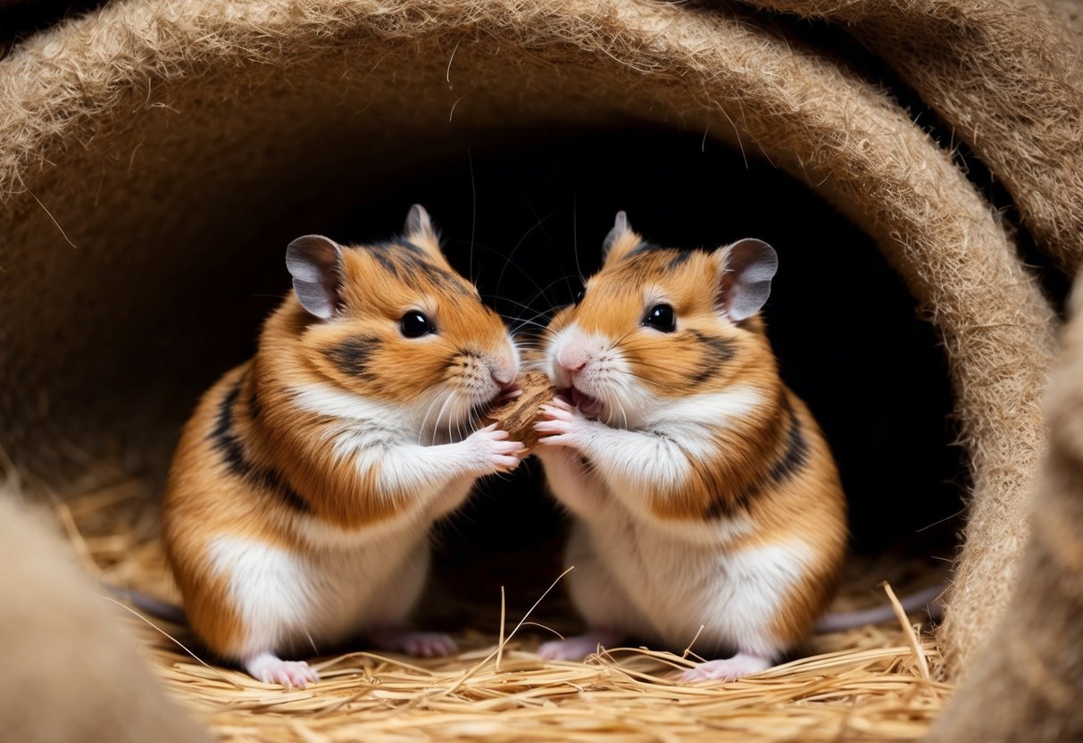 Wild hamsters grooming each other in a cozy burrow, one nibbling the other's fur while the recipient closes its eyes in contentment