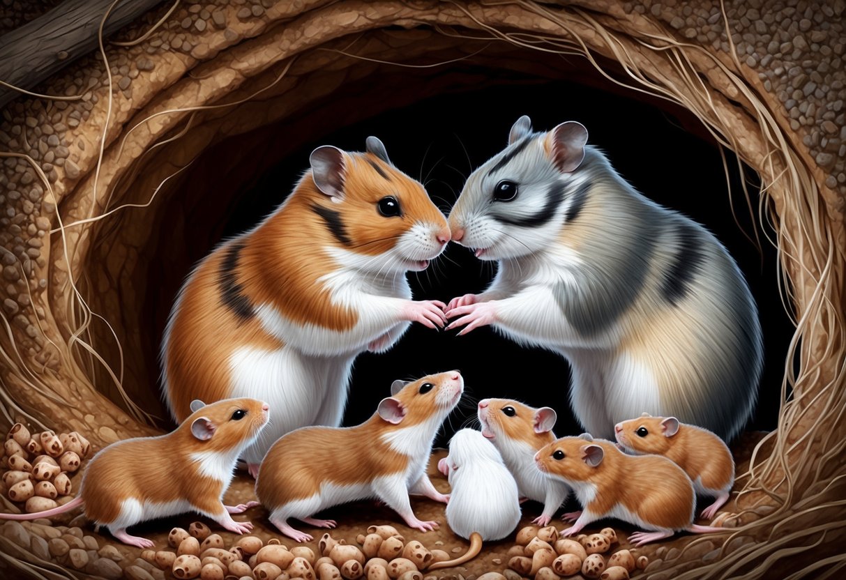 Two wild hamsters mating in a burrow, surrounded by a litter of newborn pups