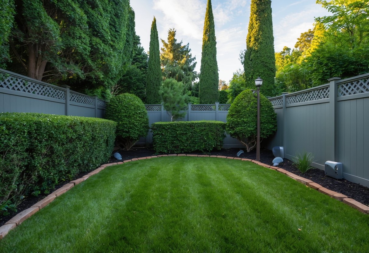 A backyard with dense shrubbery and tall trees, surrounded by a sturdy fence and equipped with motion-activated lights and sound deterrents