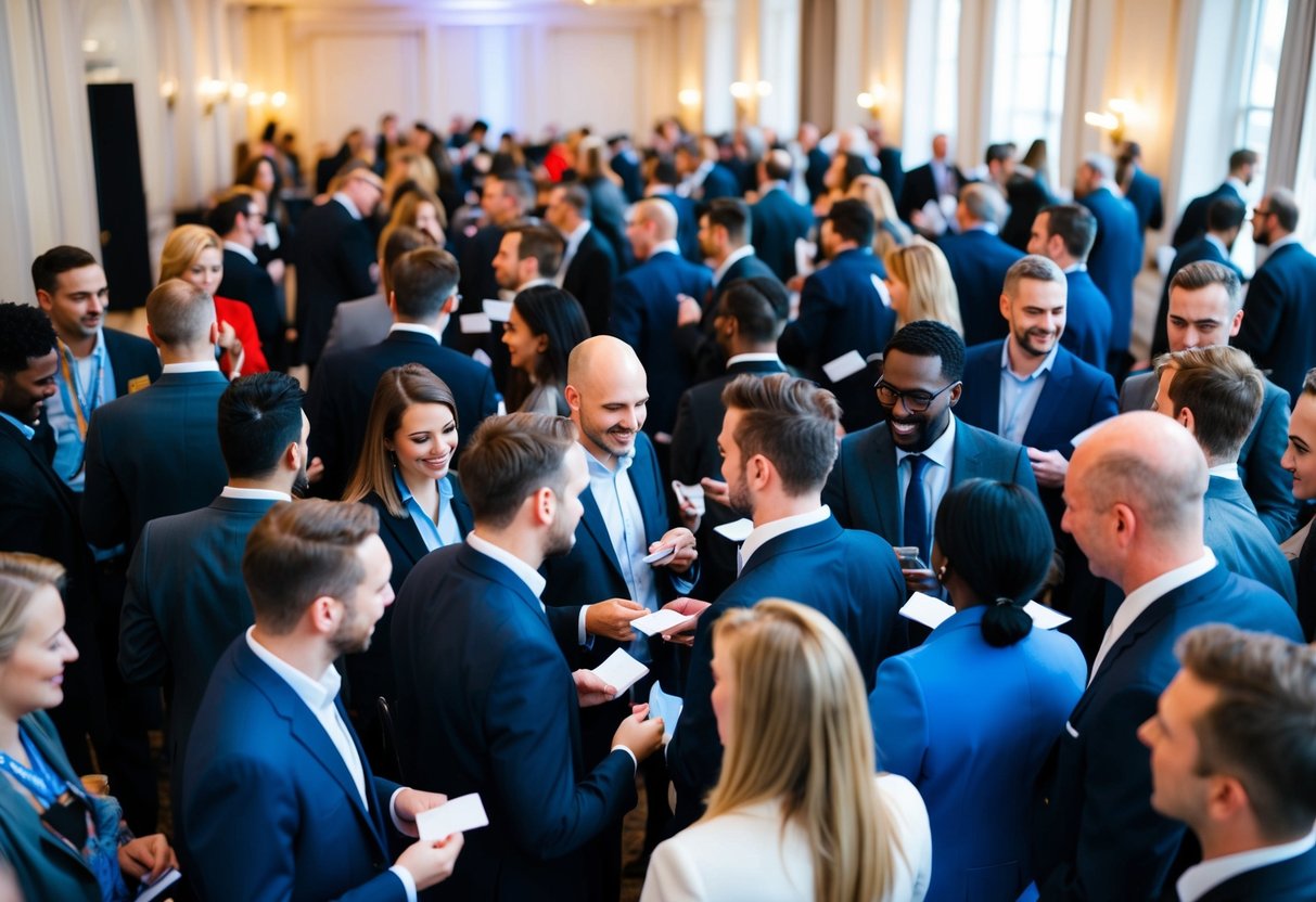 A crowded room with people mingling, exchanging business cards, and engaging in conversation at a UK networking event