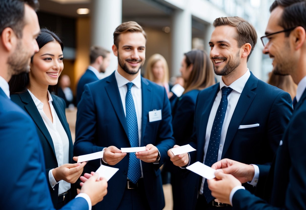 A group of professionals networking at a UK event, exchanging business cards and engaging in conversations