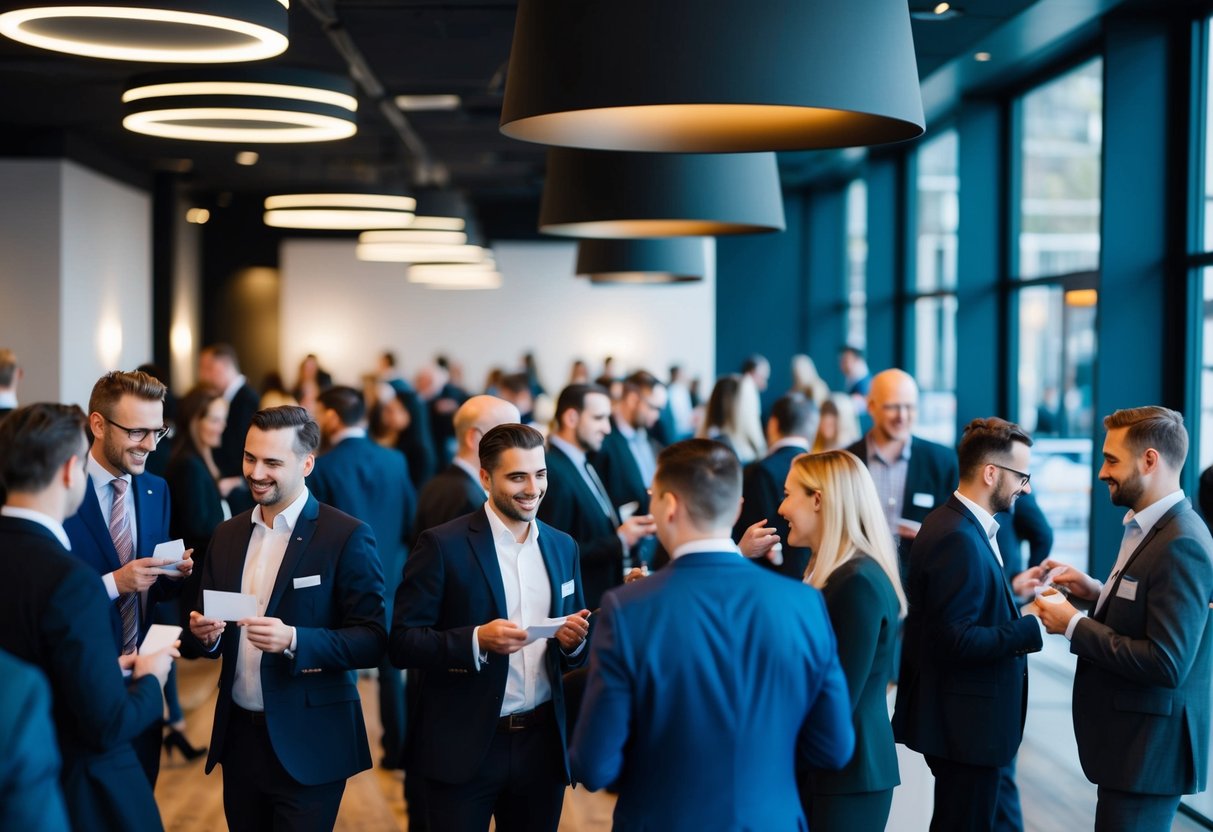 A bustling UK networking event with professionals mingling and exchanging business cards in a stylish venue with modern decor