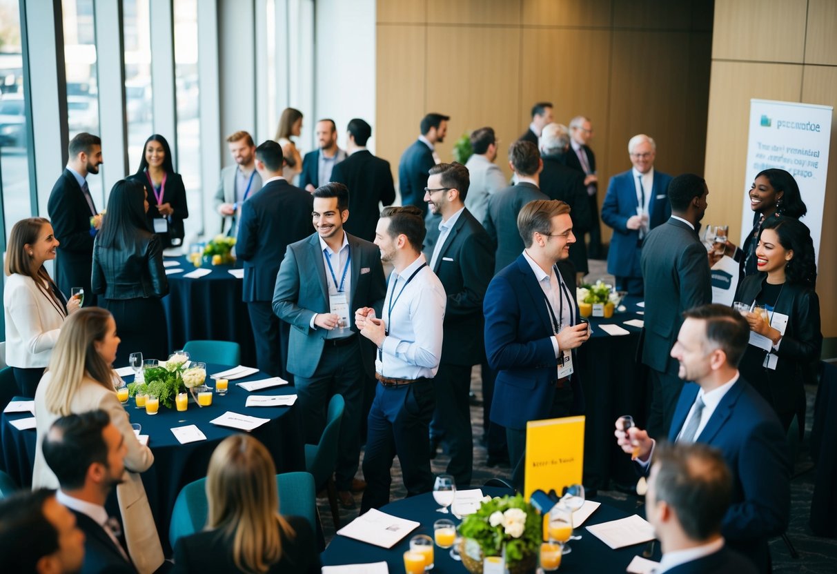 A group of people gather in a modern event space, networking and engaging in conversation. Tables are set up with refreshments and promotional materials