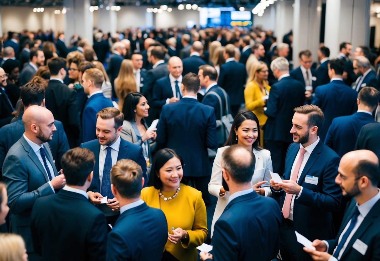 A crowded UK networking event with people conversing, exchanging business cards, and engaging in small group discussions