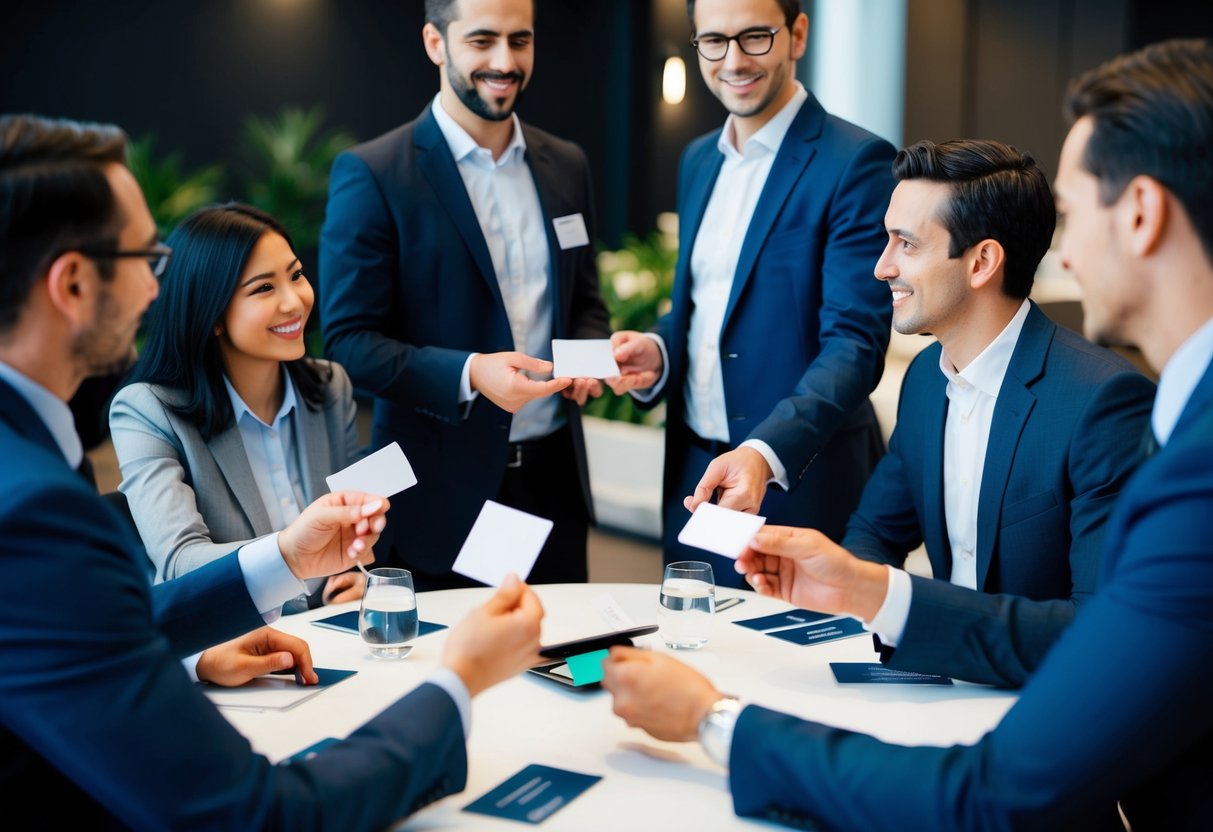 A group of professionals engage in conversation at a UK networking event, exchanging business cards and making connections