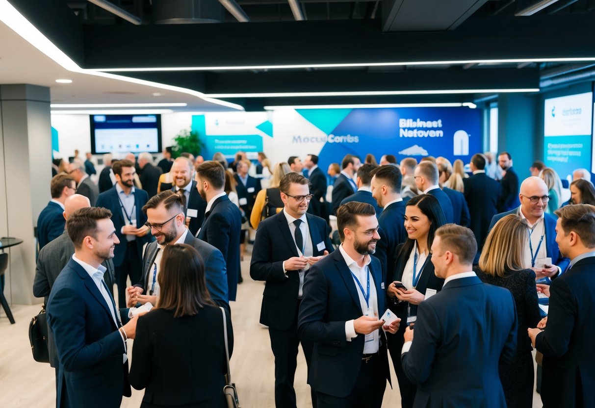 People gathered at a UK networking event, engaging in conversation and exchanging business cards. The event is hosted in a modern, open space with branding and signage throughout