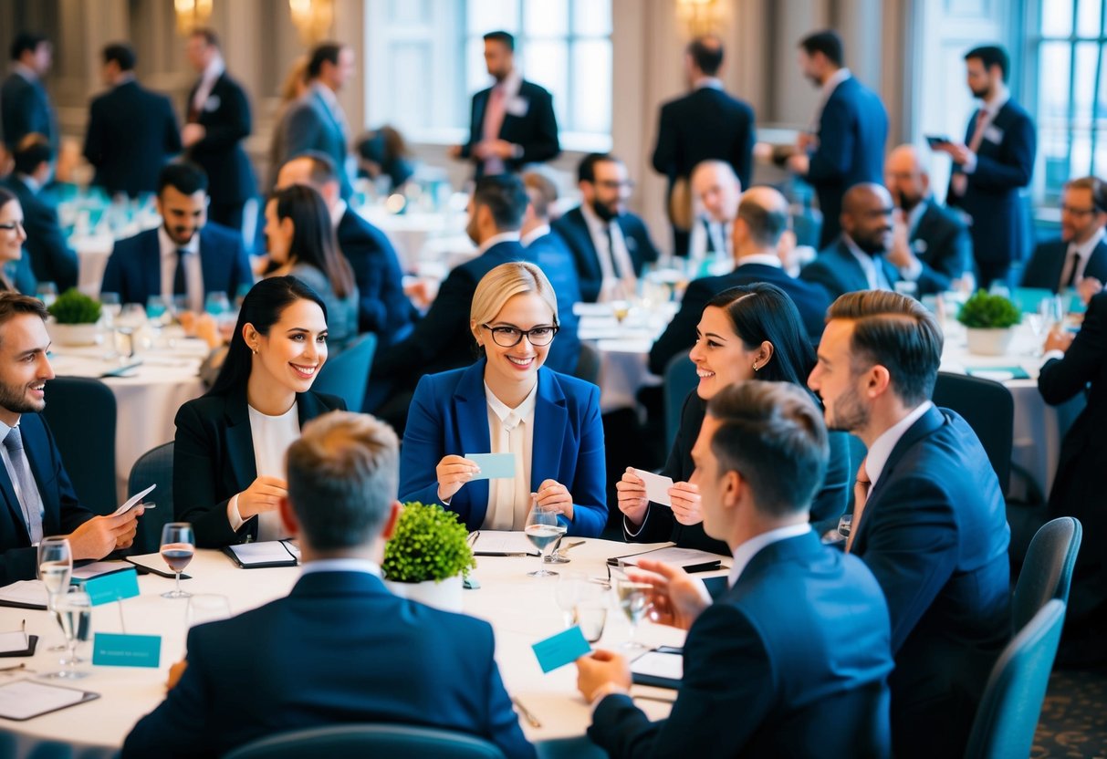 A bustling UK networking event, with professionals engaged in lively conversations, exchanging business cards, and attending presentations on future trends in networking