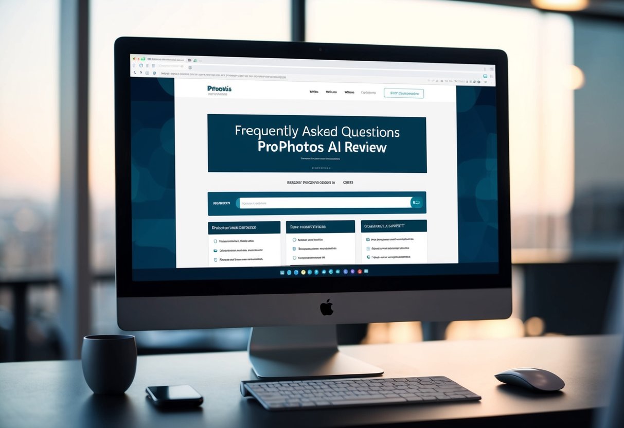 A computer screen showing a website with the title "Frequently Asked Questions ProPhotos AI Review" with a search bar and various question categories