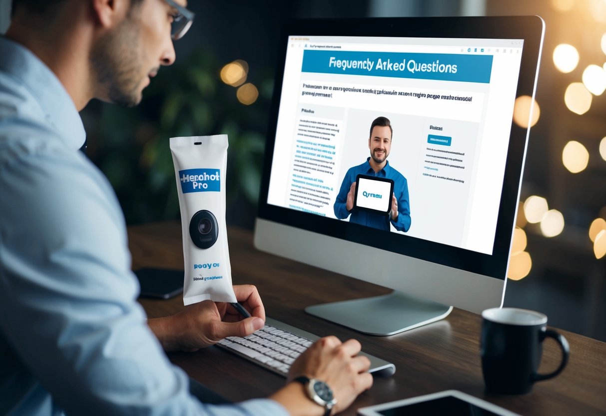 A person looking at a computer screen with a "Frequently Asked Questions" page open, while holding a headshot pro product and writing a review