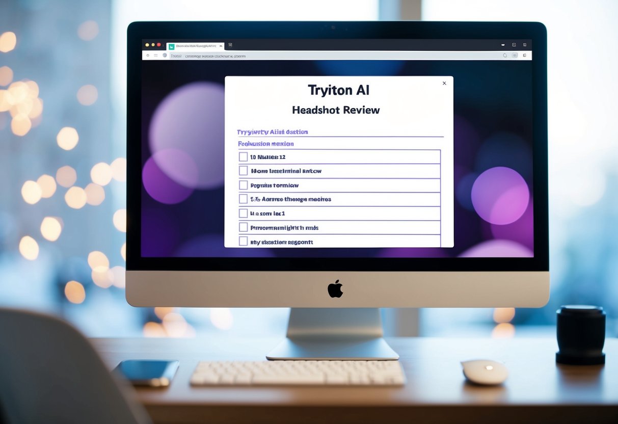 A computer screen displaying a Tryiton AI Headshot Review page with a list of Frequently Asked Questions and a sleek, modern design