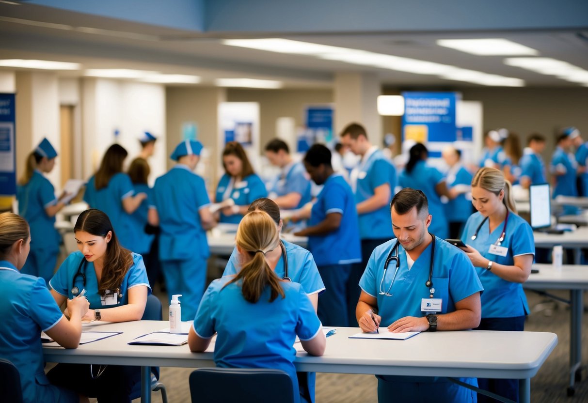 A bustling hospital recruitment event with nurses, pharmacists, and technicians applying for 204 available positions