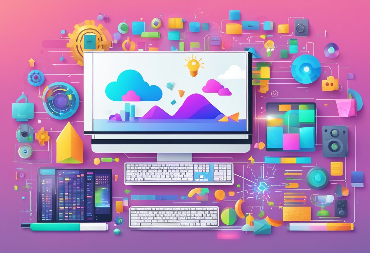 A computer surrounded by colorful digital tools and symbols, radiating a sense of creativity and innovation
