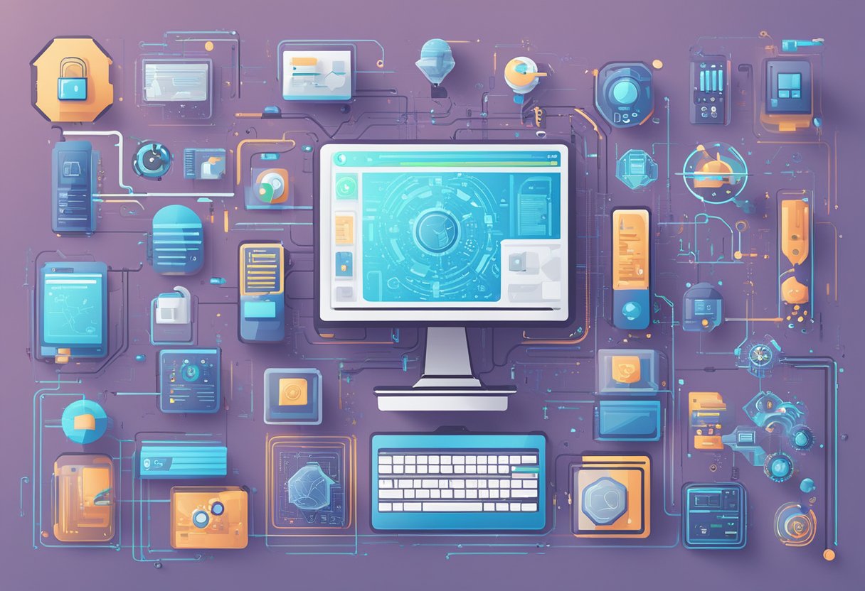 A computer screen displaying various AI tools and icons, surrounded by futuristic technology and digital interfaces