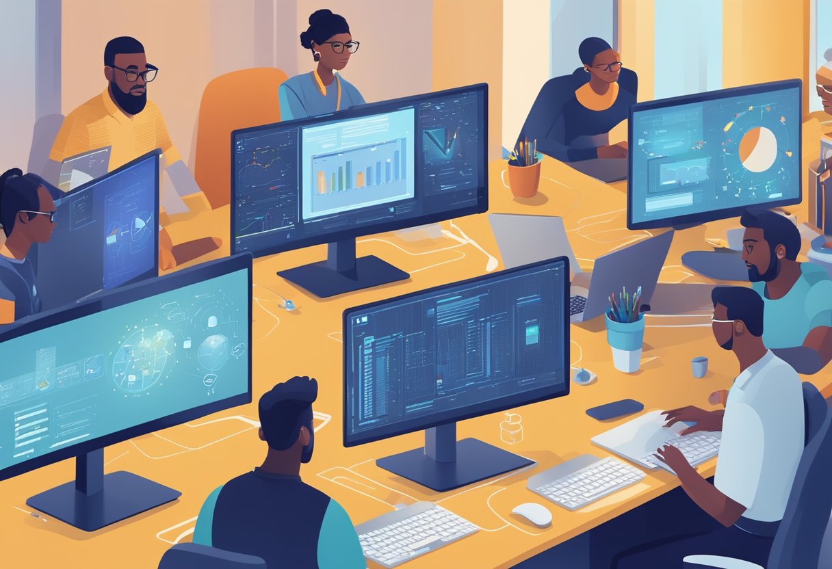 A group of diverse individuals collaborate on coding and sharing open source AI projects, surrounded by computer screens and technology tools