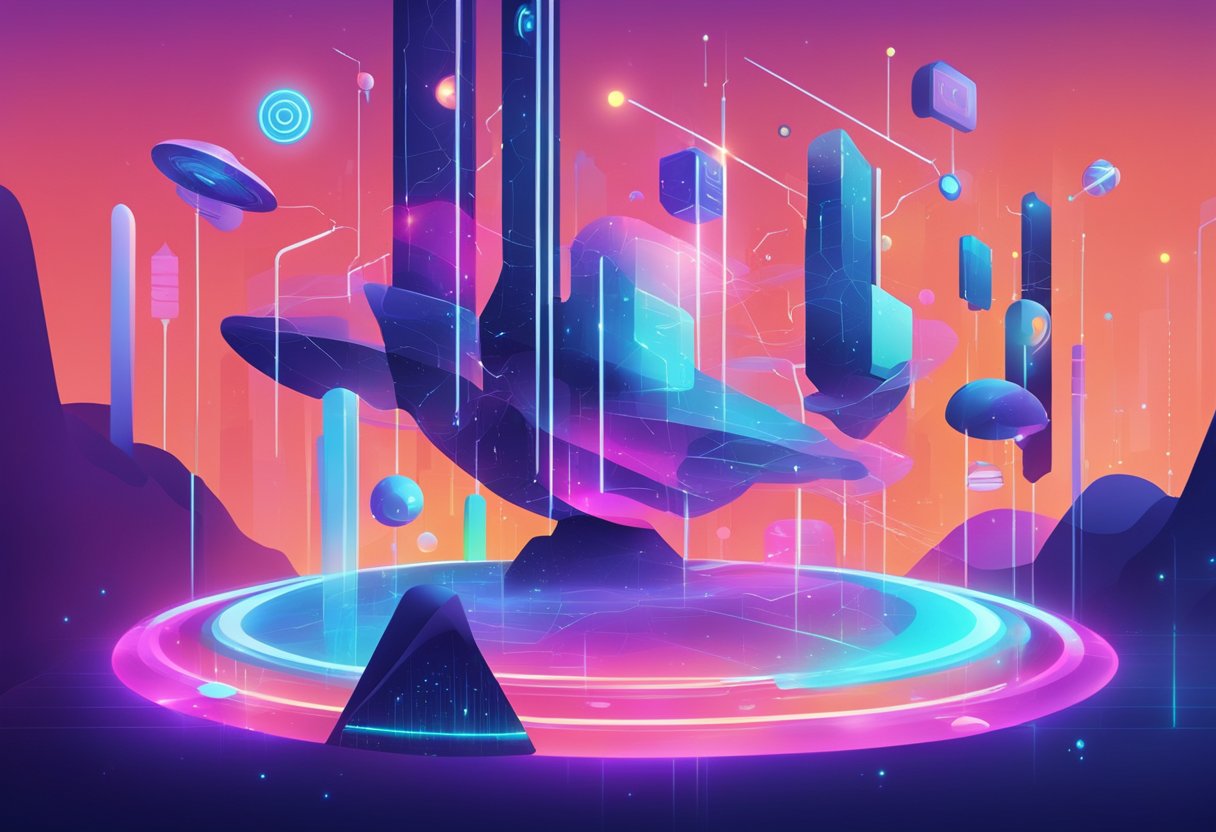 An array of futuristic AI tools floating in a digital space, surrounded by glowing data streams and vibrant, abstract shapes