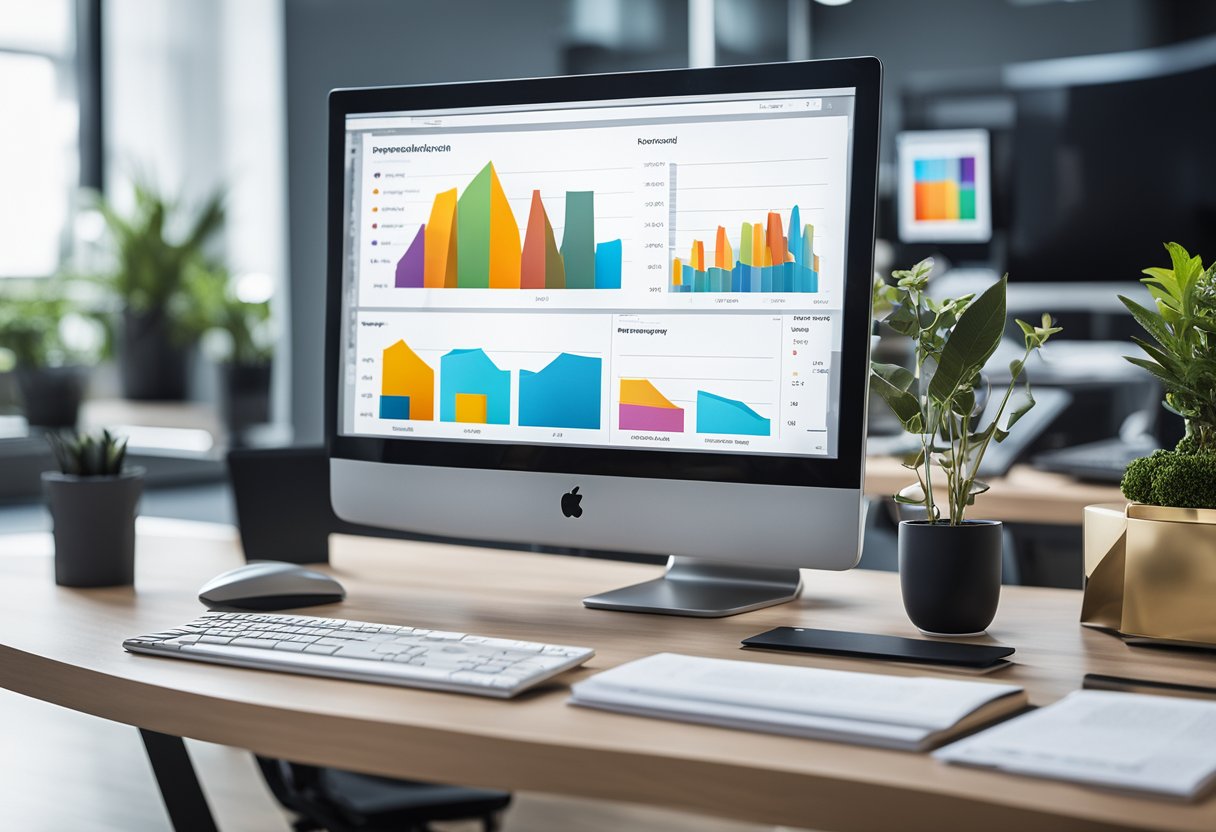 A sleek, modern office desk with a computer screen displaying a dynamic project management dashboard. Various colorful charts and graphs are visible, showcasing the advanced features of Monday.com