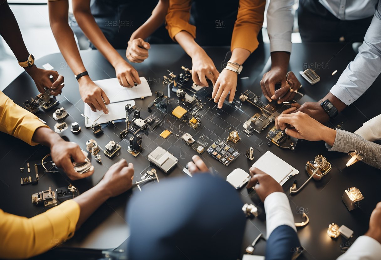 A group of diverse people working together, using various tools and platforms to communicate and collaborate on a project