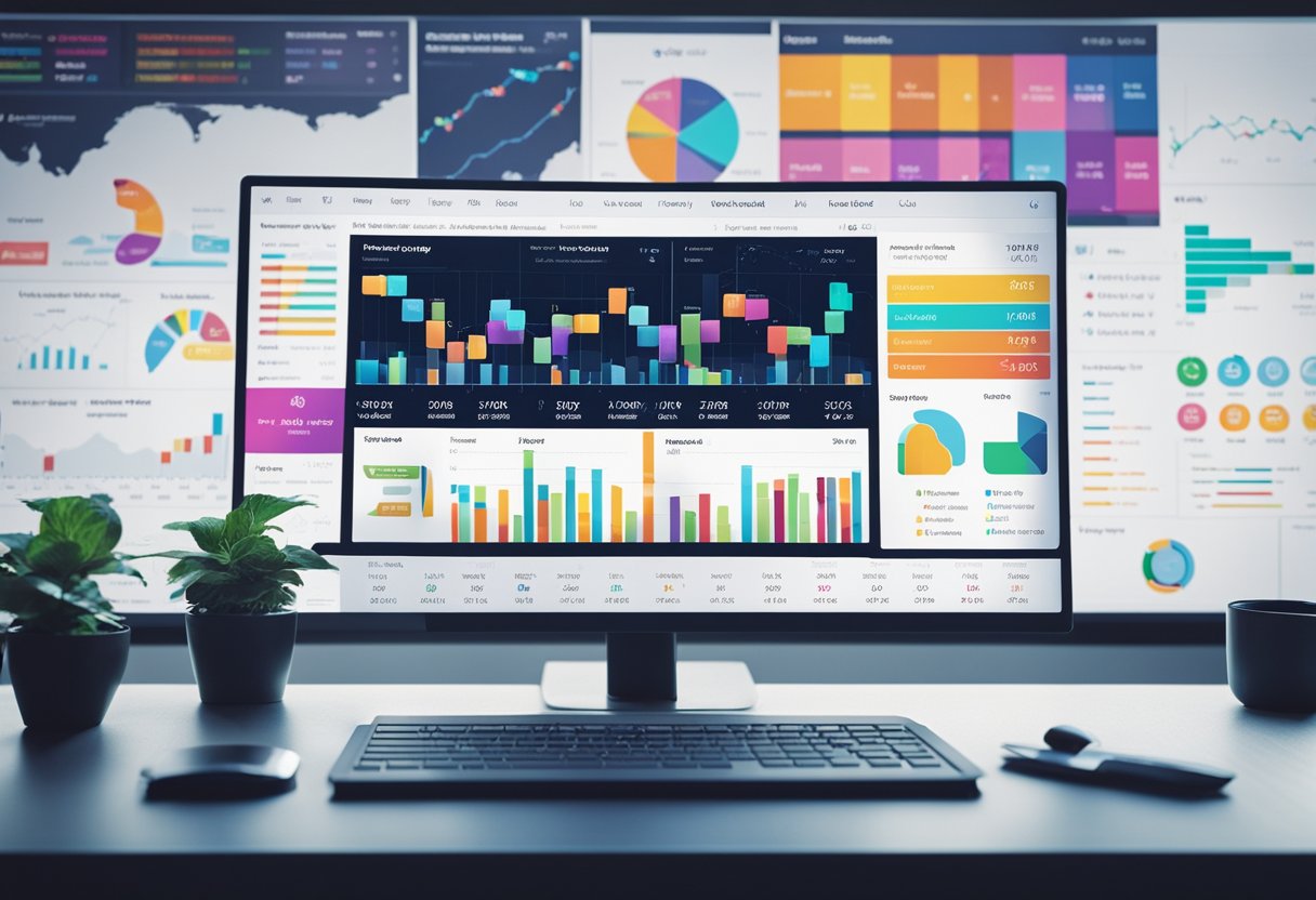 A vibrant digital interface displaying various data and analytics features of Monday.com, with colorful charts, graphs, and interactive elements