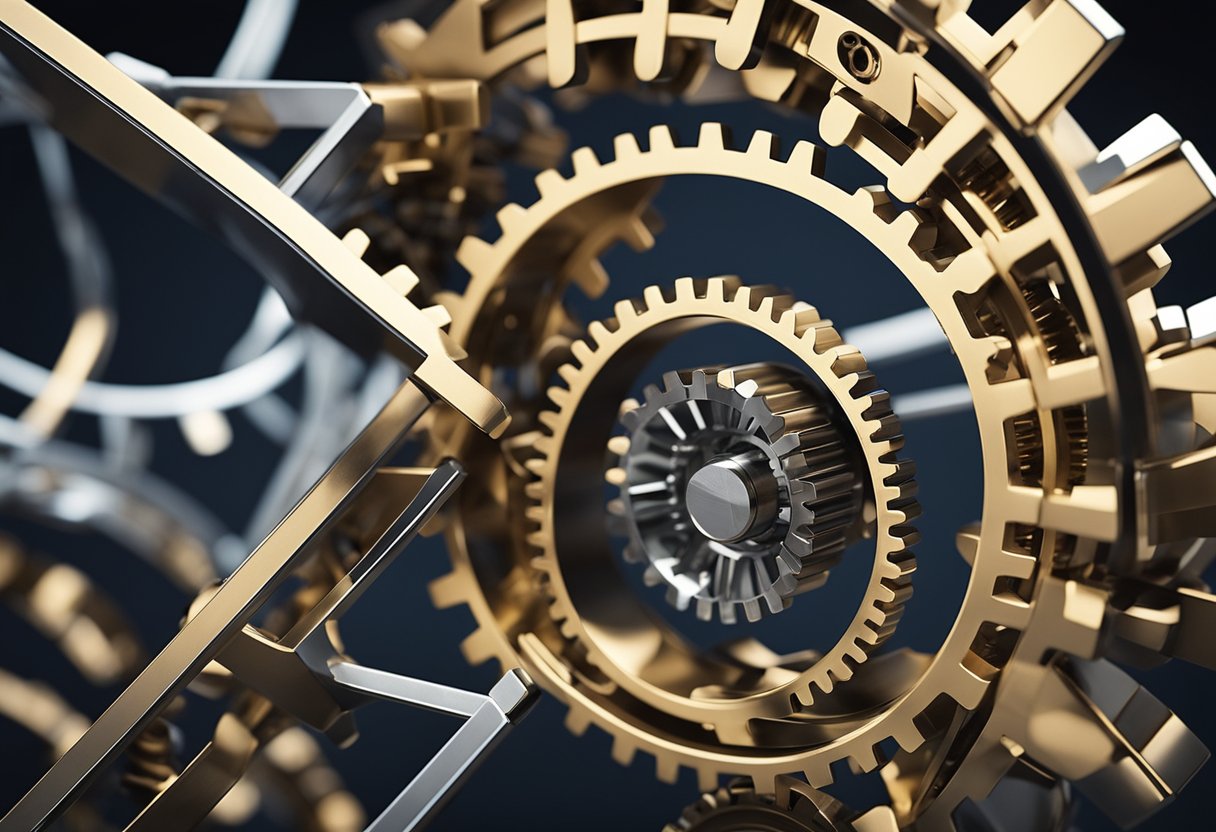 A group of interconnected gears symbolizing security and reliability, surrounded by a network of interconnected lines representing remote teams
