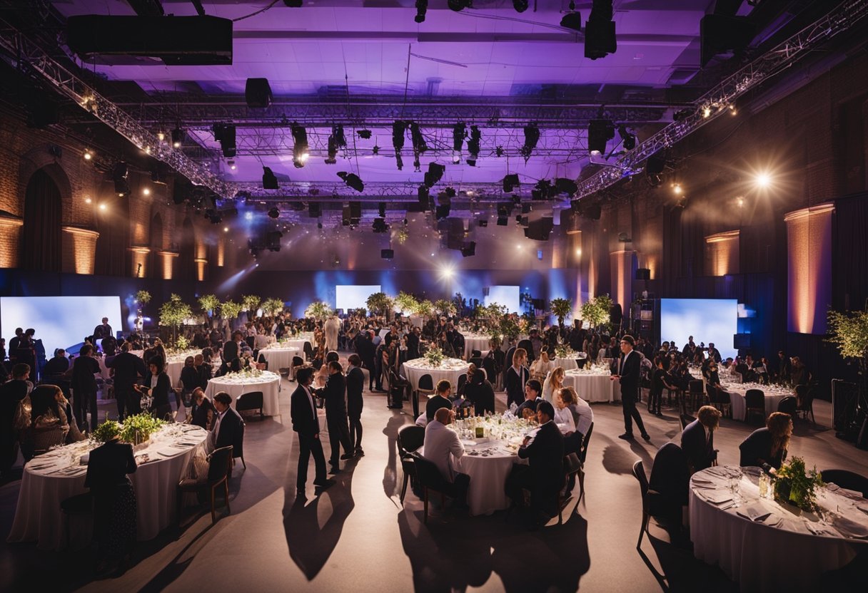 A bustling event space with multiple booths and stages, all seamlessly organized and managed with the help of Monday.com's intuitive event management tools