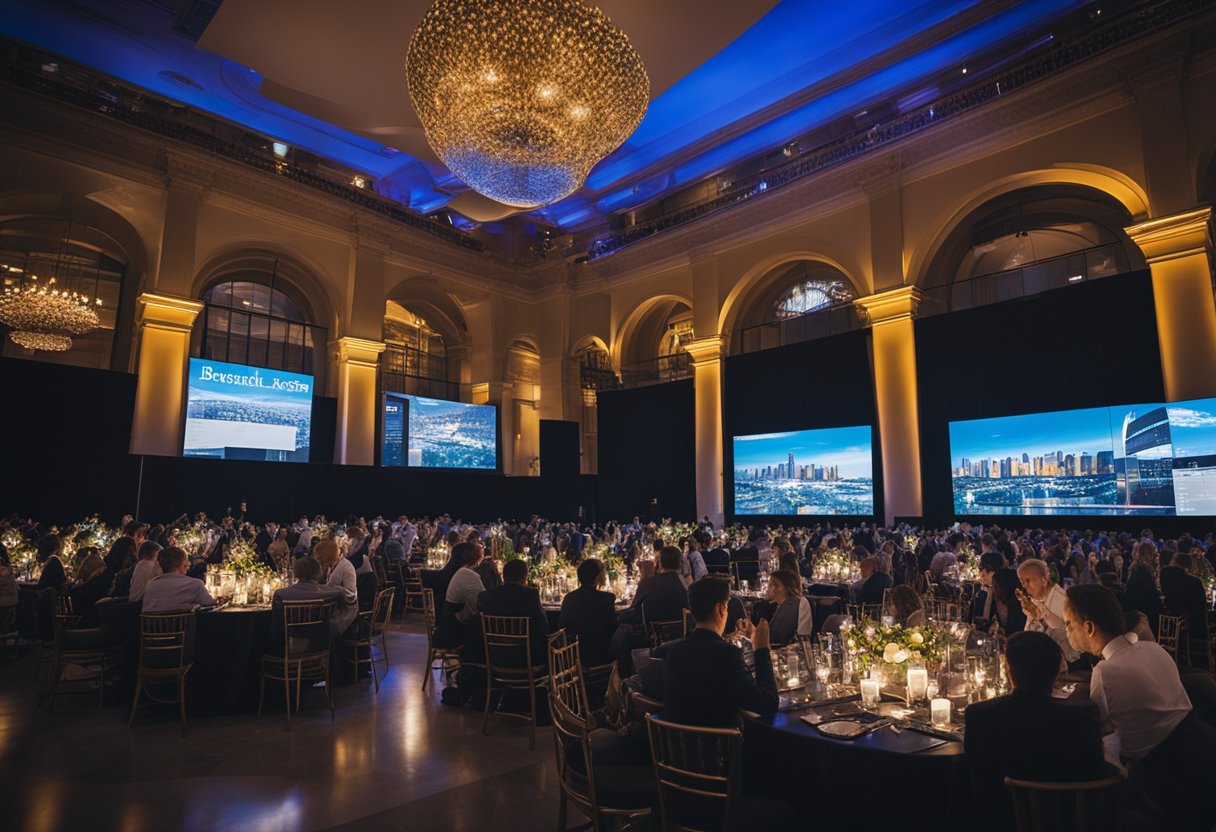 A bustling event venue with Monday.com displayed on large screens, coordinating schedules, tasks, and resources seamlessly