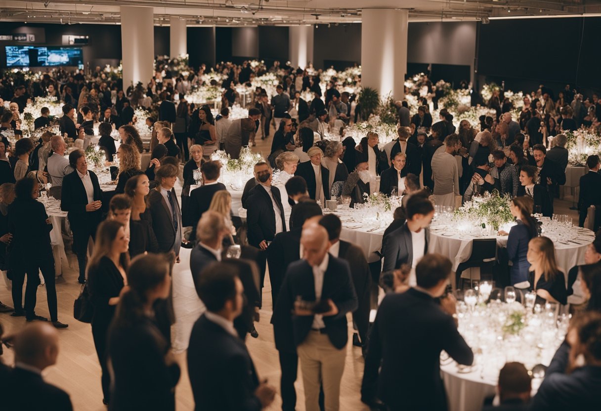 A bustling event venue with people networking, organizing, and managing tasks seamlessly using Monday.com's platform