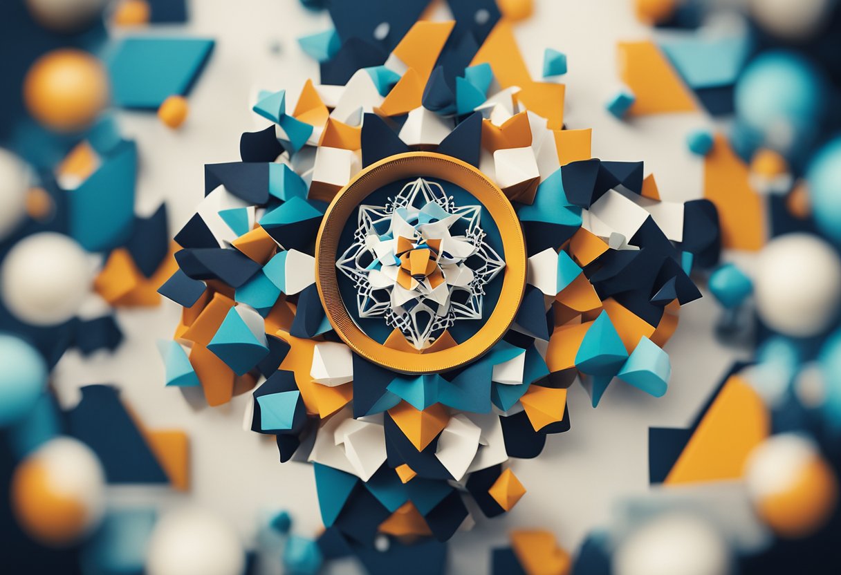 A diverse group of abstract shapes and symbols gather around a central focal point, representing the transformation of team collaboration through Monday.com