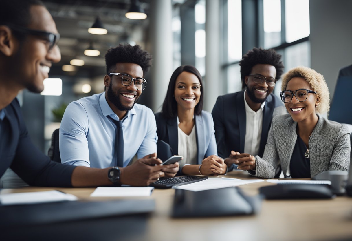 A group of diverse individuals working together in a modern office setting, utilizing digital tools and technology to collaborate and communicate effectively